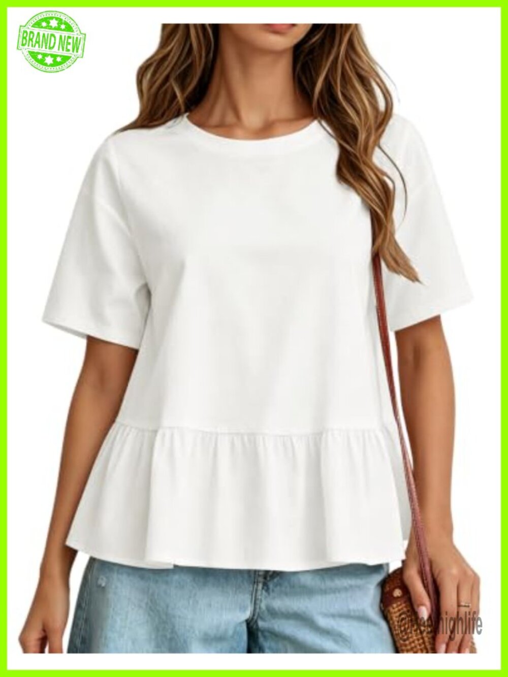 Womens Peplum Babydoll Top Cotton Short Sleeve Crew Neck